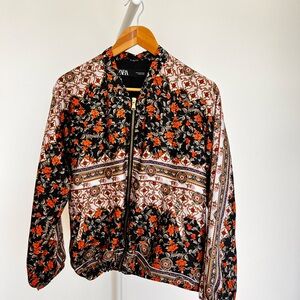 ZARA Bomber Jacket with Black & Orange Floral Print